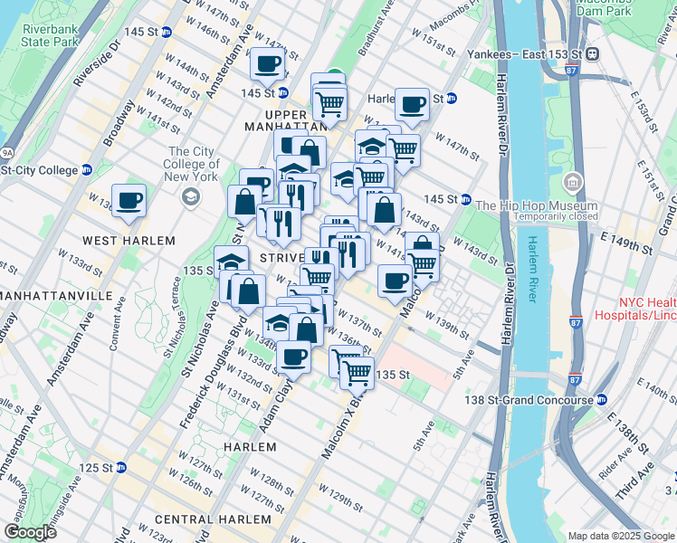 map of restaurants, bars, coffee shops, grocery stores, and more near 204 West 139th Street in New York