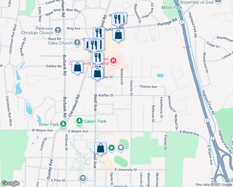 map of restaurants, bars, coffee shops, grocery stores, and more near 624 Kieffer Street in Wooster