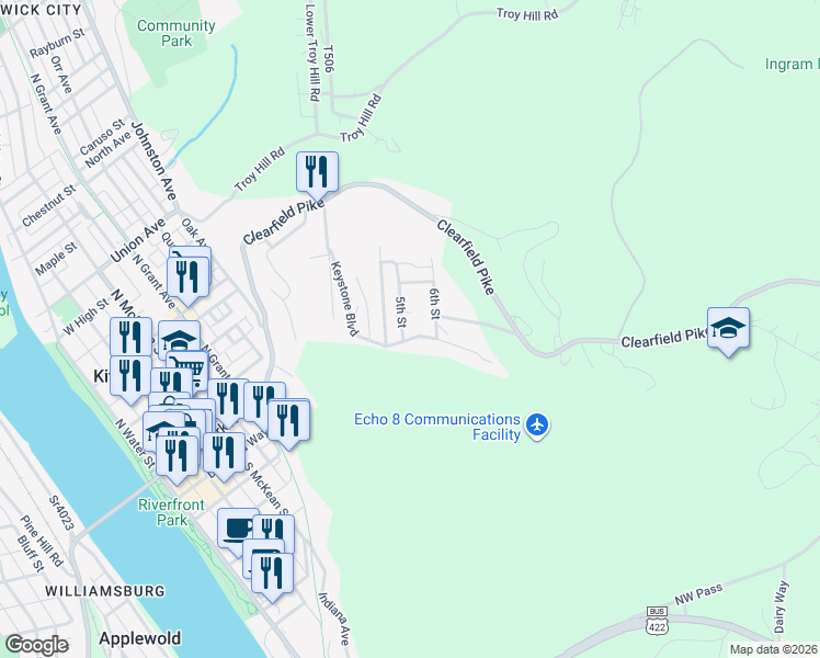 map of restaurants, bars, coffee shops, grocery stores, and more near 128 6th Street in Kittanning