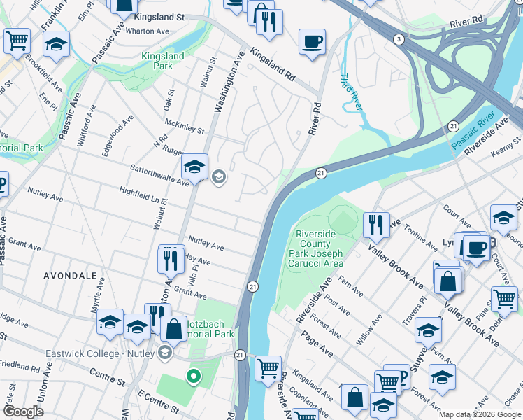 map of restaurants, bars, coffee shops, grocery stores, and more near 213 Stratford Drive in Nutley