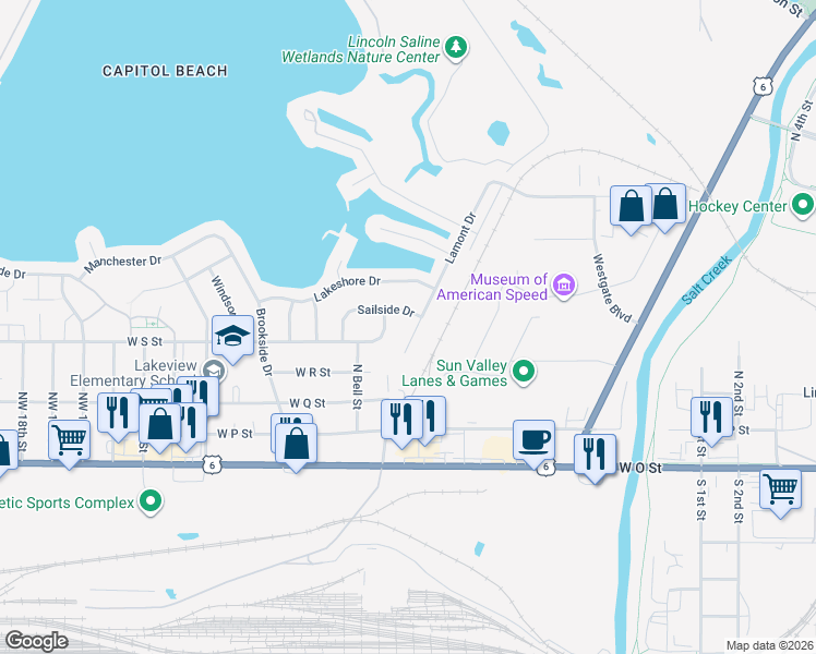 map of restaurants, bars, coffee shops, grocery stores, and more near 515 Lamont Drive in Lincoln