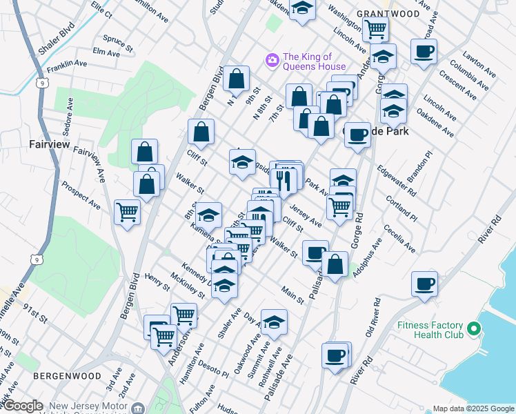 map of restaurants, bars, coffee shops, grocery stores, and more near 376 Cliff Street in Fairview