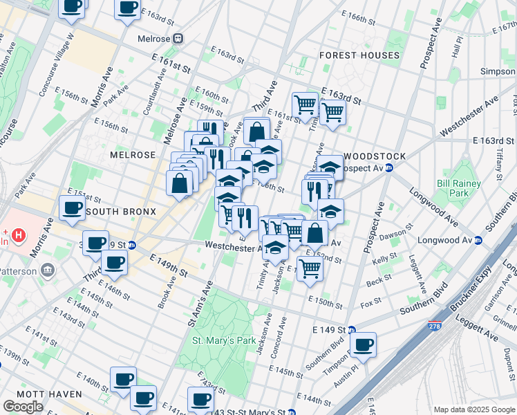 map of restaurants, bars, coffee shops, grocery stores, and more near 701 Cauldwell Avenue in Bronx