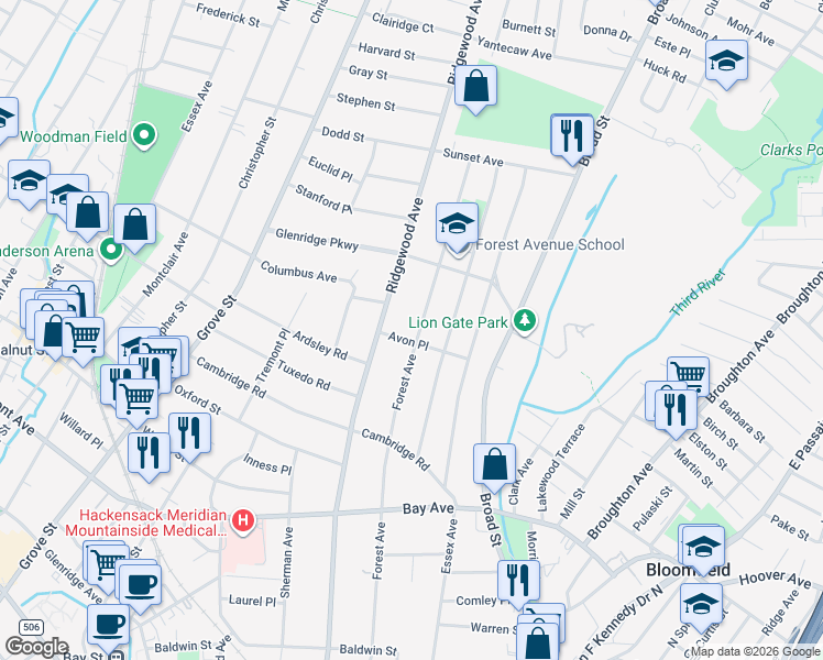 map of restaurants, bars, coffee shops, grocery stores, and more near 256 Forest Avenue in Glen Ridge