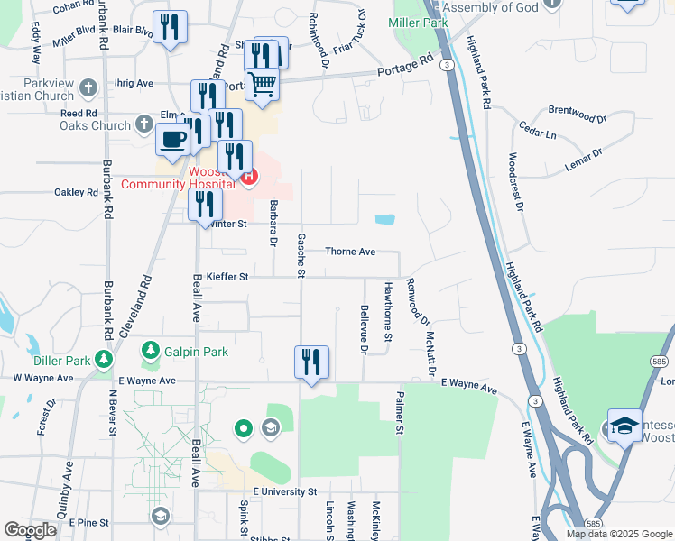 map of restaurants, bars, coffee shops, grocery stores, and more near 912 Kieffer Street in Wooster