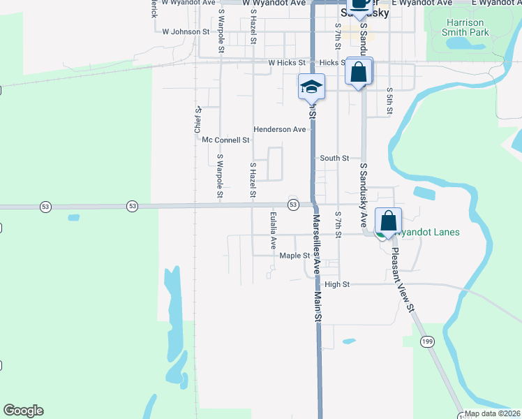 map of restaurants, bars, coffee shops, grocery stores, and more near 375 West Spring Street in Upper Sandusky