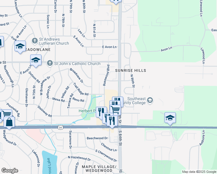 map of restaurants, bars, coffee shops, grocery stores, and more near 8301 Sunridge Road in Lincoln