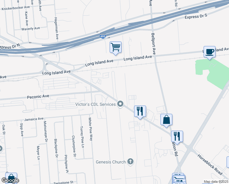 map of restaurants, bars, coffee shops, grocery stores, and more near 3661 Horseblock Road in Medford