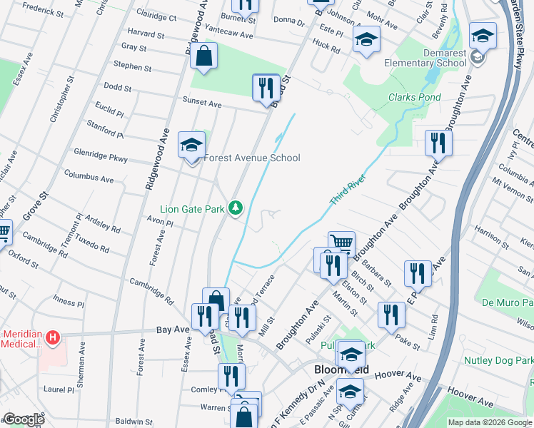 map of restaurants, bars, coffee shops, grocery stores, and more near 17 Greenbrook Drive in Bloomfield
