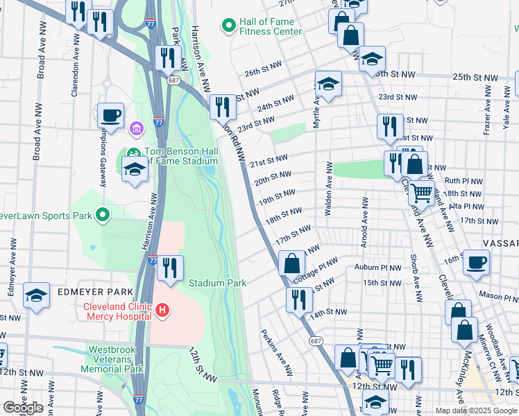 map of restaurants, bars, coffee shops, grocery stores, and more near 1620 19th Street Northwest in Canton