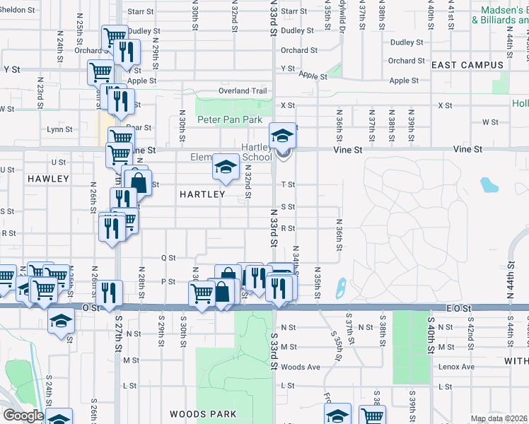 map of restaurants, bars, coffee shops, grocery stores, and more near 3239 S Street in Lincoln
