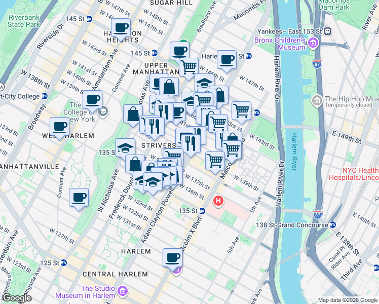 map of restaurants, bars, coffee shops, grocery stores, and more near Adam Clayton Powell Jr Blvd & W 139th St in New York