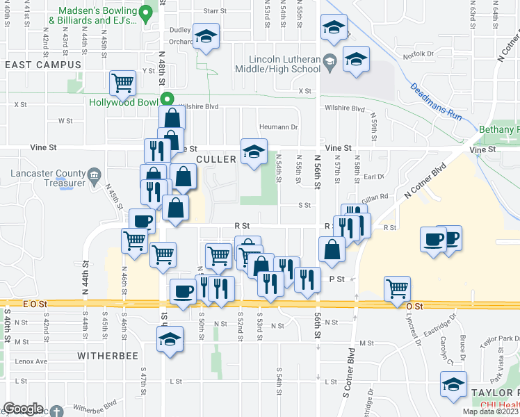 map of restaurants, bars, coffee shops, grocery stores, and more near 5320 R Street in Lincoln