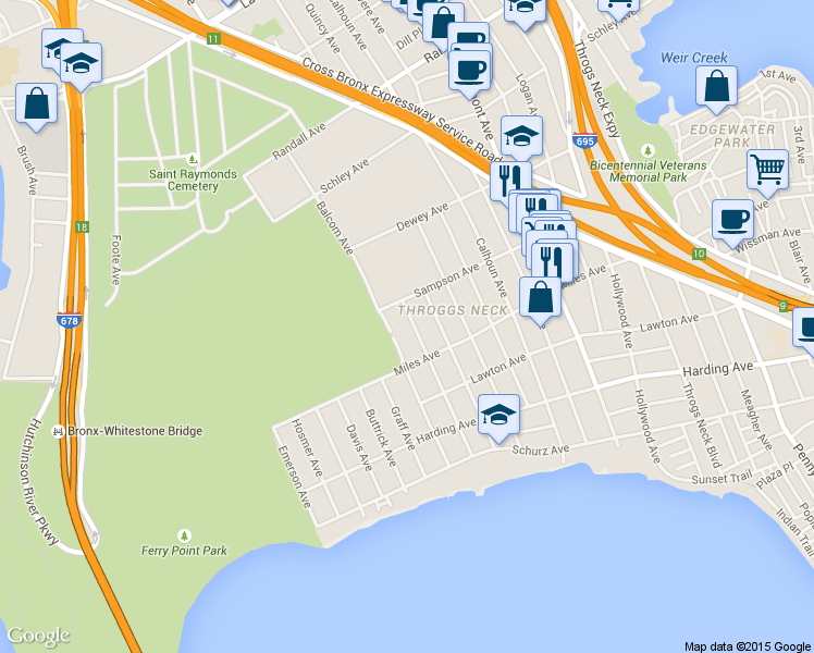 map of restaurants, bars, coffee shops, grocery stores, and more near 326 Huntington Avenue in Bronx