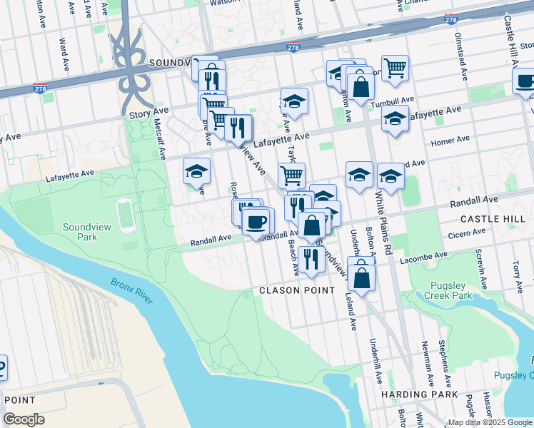 map of restaurants, bars, coffee shops, grocery stores, and more near 635 Saint Lawrence Avenue in Bronx