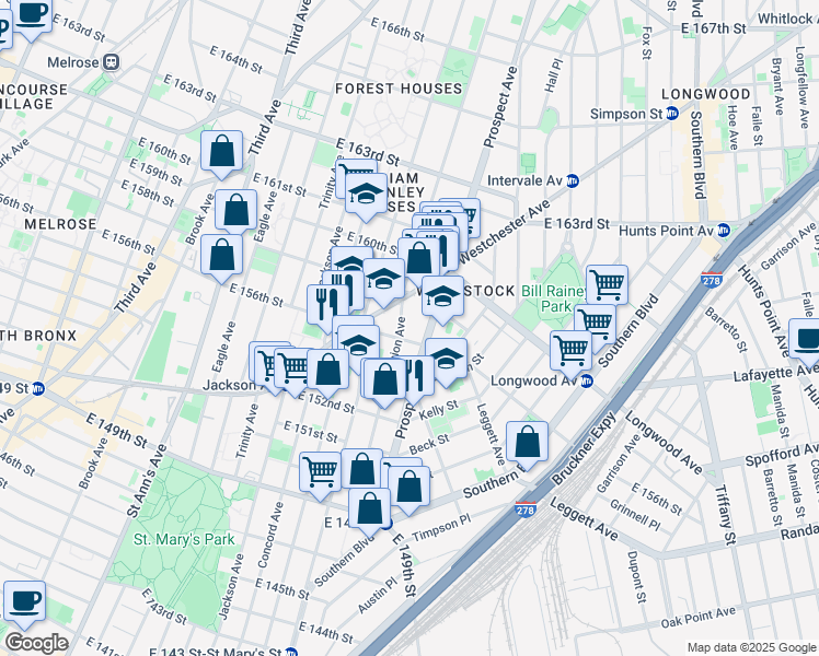 map of restaurants, bars, coffee shops, grocery stores, and more near in The Bronx