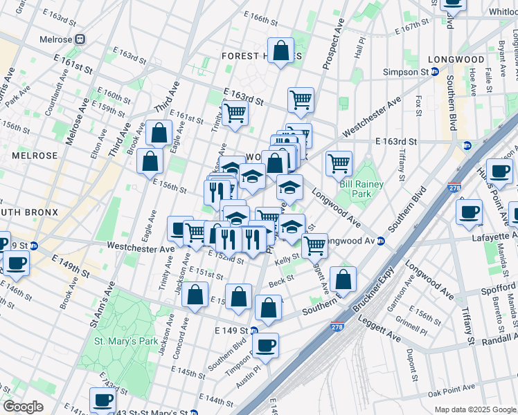 map of restaurants, bars, coffee shops, grocery stores, and more near in The Bronx