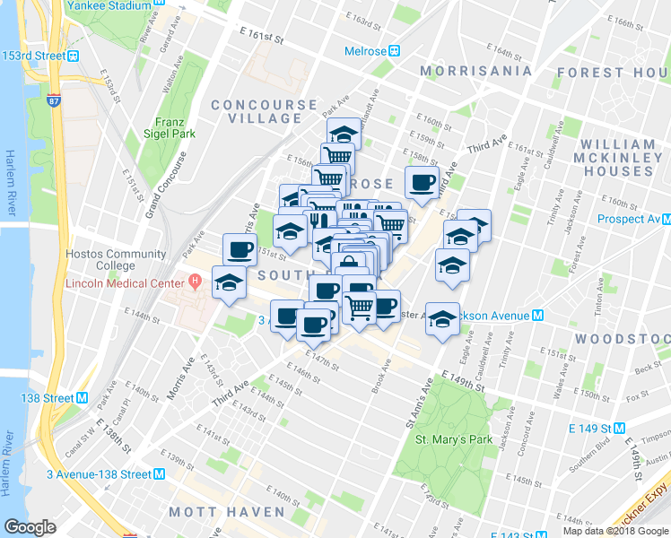 map of restaurants, bars, coffee shops, grocery stores, and more near 627 Melrose Avenue in Bronx