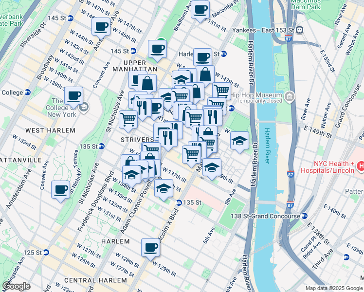map of restaurants, bars, coffee shops, grocery stores, and more near 152 West 140th Street in New York