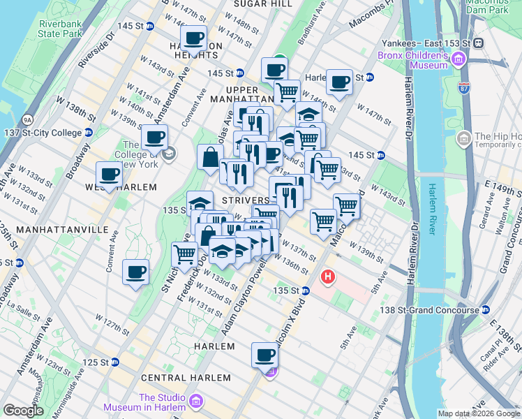 map of restaurants, bars, coffee shops, grocery stores, and more near 245 West 138th Street in New York