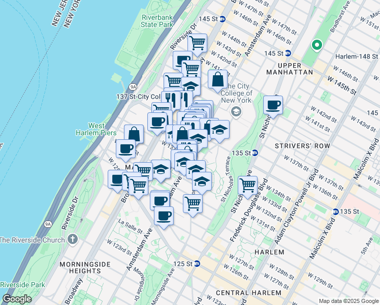 map of restaurants, bars, coffee shops, grocery stores, and more near 1490 Amsterdam Avenue in New York