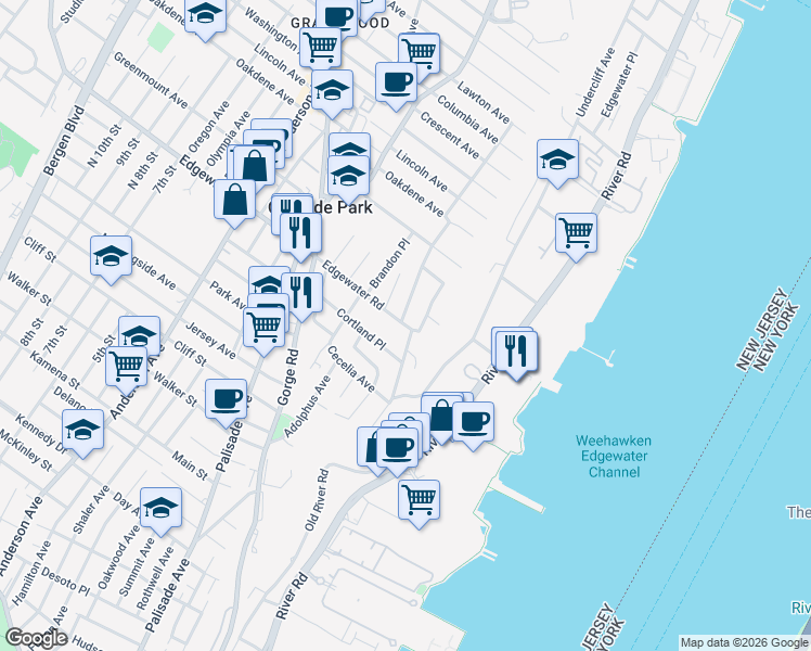 map of restaurants, bars, coffee shops, grocery stores, and more near 67 Edgewater Road in Cliffside Park