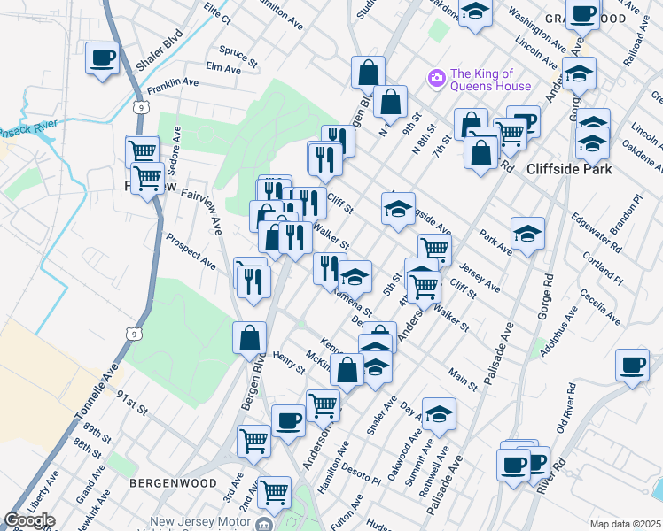 map of restaurants, bars, coffee shops, grocery stores, and more near 217 8th Street in Fairview