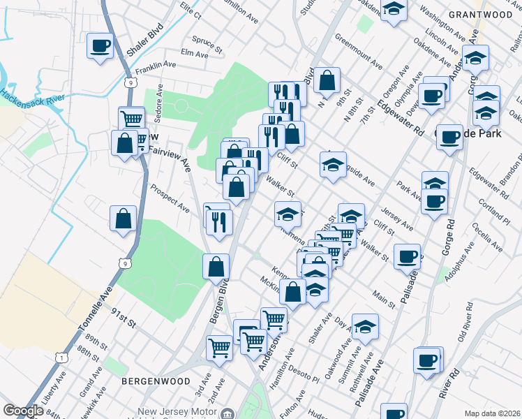 map of restaurants, bars, coffee shops, grocery stores, and more near 200 Bergen Boulevard in Fairview