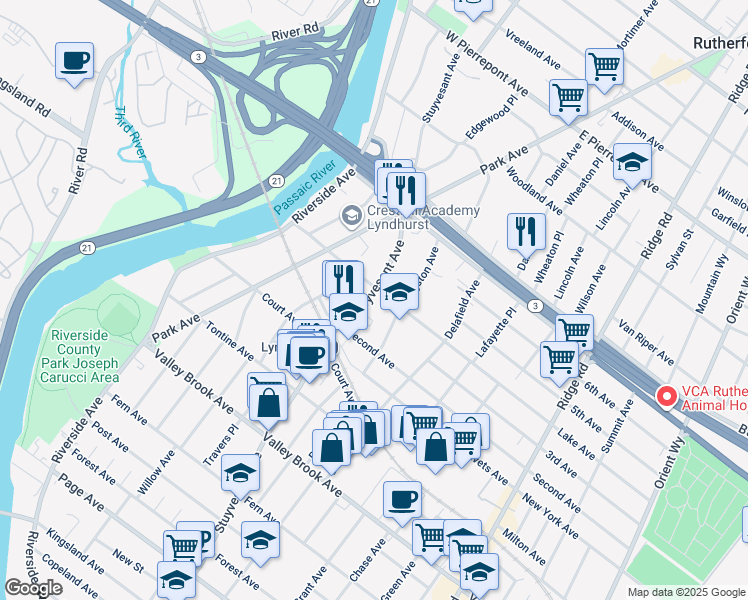 map of restaurants, bars, coffee shops, grocery stores, and more near 100 Stuyvesant Avenue in Lyndhurst