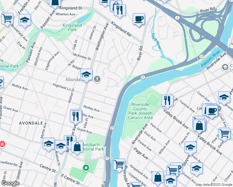 map of restaurants, bars, coffee shops, grocery stores, and more near 213 Stratford Drive in Nutley