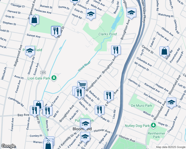 map of restaurants, bars, coffee shops, grocery stores, and more near 18 Walter Street in Bloomfield