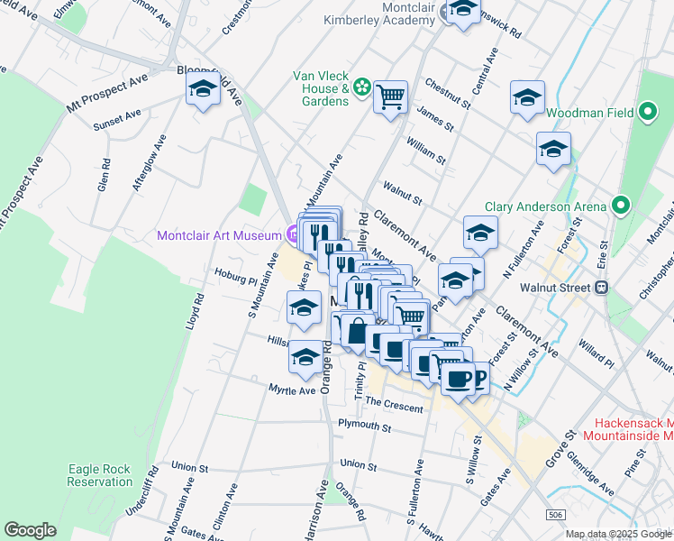 map of restaurants, bars, coffee shops, grocery stores, and more near 700 Bloomfield Avenue in Montclair