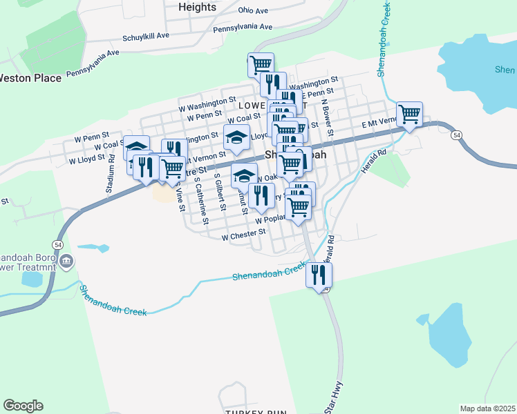 map of restaurants, bars, coffee shops, grocery stores, and more near 204 West Cherry Street in Shenandoah