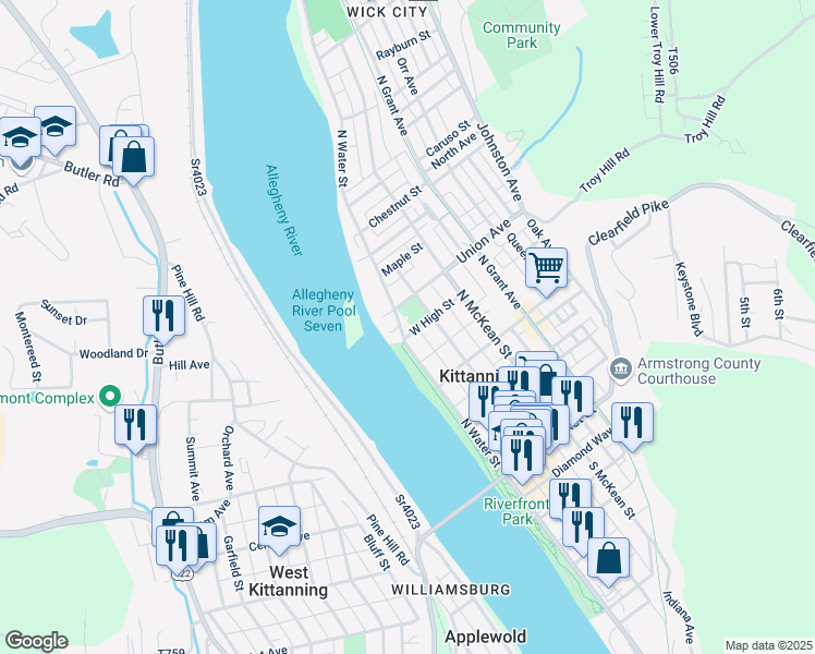 map of restaurants, bars, coffee shops, grocery stores, and more near 419 North Water Street in Kittanning