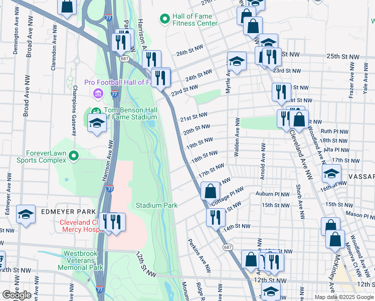 map of restaurants, bars, coffee shops, grocery stores, and more near 1620 19th Street Northwest in Canton