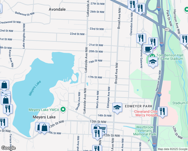 map of restaurants, bars, coffee shops, grocery stores, and more near 3039 17th Street Northwest in Canton