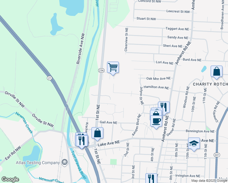 map of restaurants, bars, coffee shops, grocery stores, and more near 214 Valeside Street Northwest in Massillon