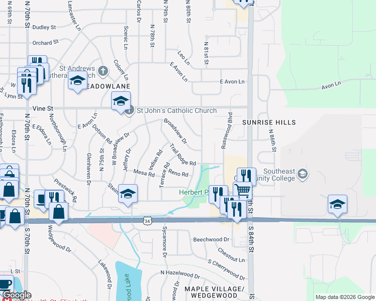 map of restaurants, bars, coffee shops, grocery stores, and more near 538 Trail Ridge Road in Lincoln