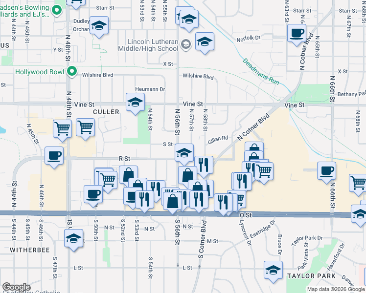 map of restaurants, bars, coffee shops, grocery stores, and more near 501 North 57th Street in Lincoln