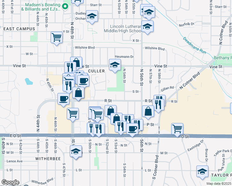 map of restaurants, bars, coffee shops, grocery stores, and more near 5320 R Street in Lincoln