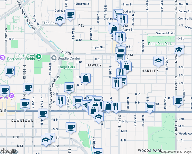 map of restaurants, bars, coffee shops, grocery stores, and more near 501 North 25th Street in Lincoln