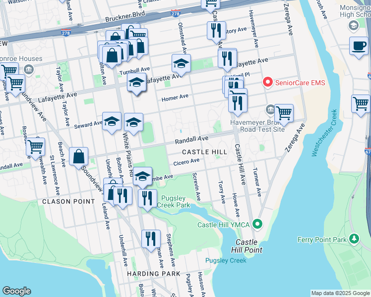 map of restaurants, bars, coffee shops, grocery stores, and more near 2047 Caesar Place in The Bronx