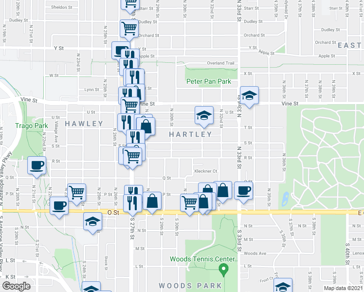map of restaurants, bars, coffee shops, grocery stores, and more near 3029 S Street in Lincoln