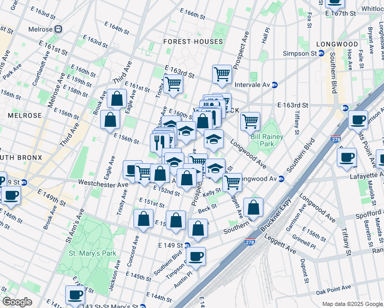 map of restaurants, bars, coffee shops, grocery stores, and more near 753 1/2 Union Avenue in Bronx