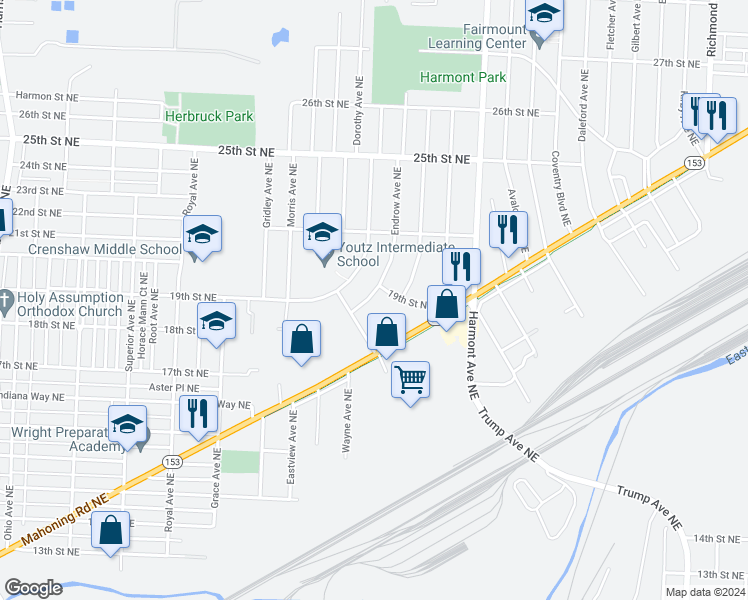 map of restaurants, bars, coffee shops, grocery stores, and more near 1830 Endrow Avenue Northeast in Canton