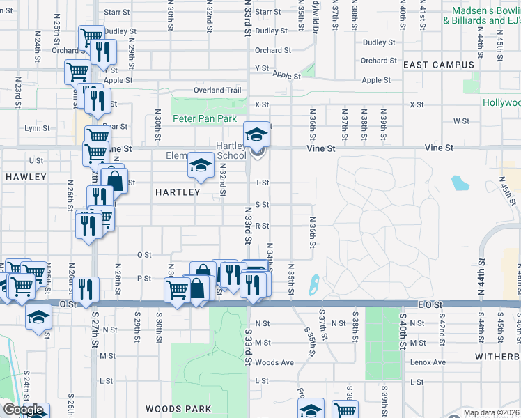 map of restaurants, bars, coffee shops, grocery stores, and more near 3327 S Street in Lincoln