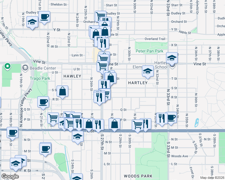 map of restaurants, bars, coffee shops, grocery stores, and more near 2803 S Street in Lincoln