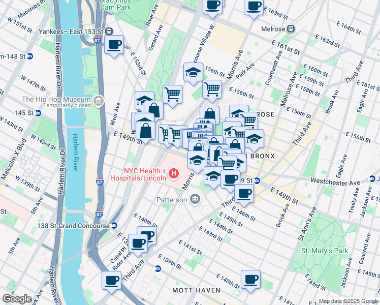 map of restaurants, bars, coffee shops, grocery stores, and more near 245 East 149th Street in The Bronx