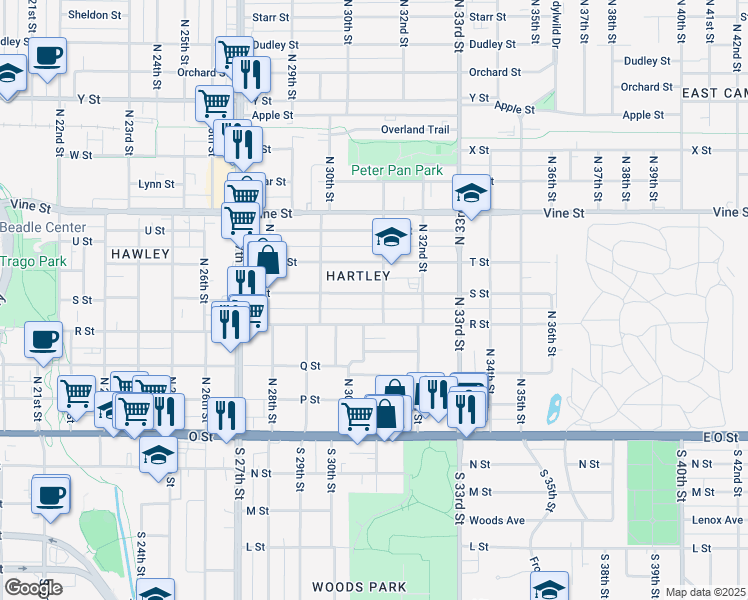 map of restaurants, bars, coffee shops, grocery stores, and more near 3097 S Street in Lincoln