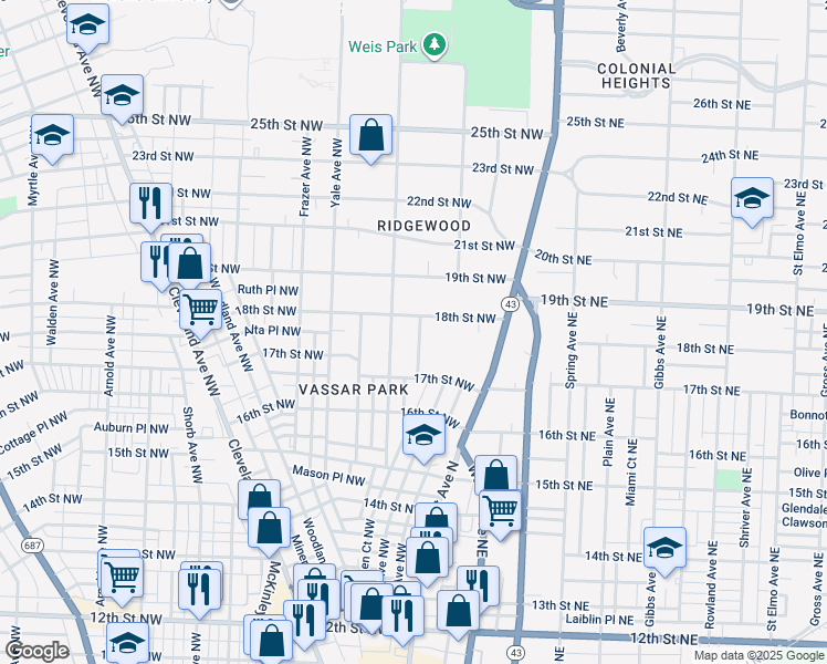 map of restaurants, bars, coffee shops, grocery stores, and more near 1747 Oberlin Court Northwest in Canton